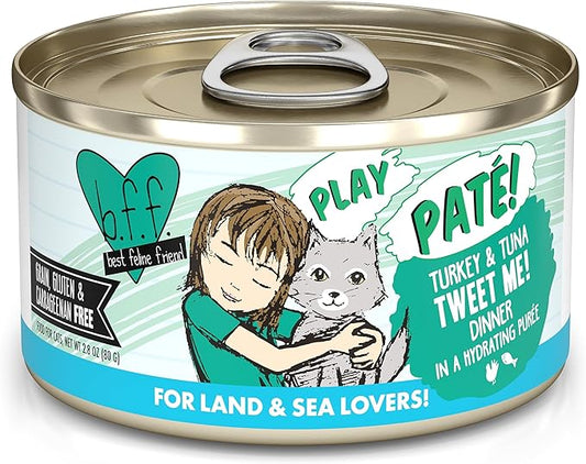 B.F.F. Play - Best Feline Friend Paté Lovers, Aw Yeah!, Turkey & Tuna Tweet Me! with Turkey & Tuna, 2.8oz Can (Pack of 12)