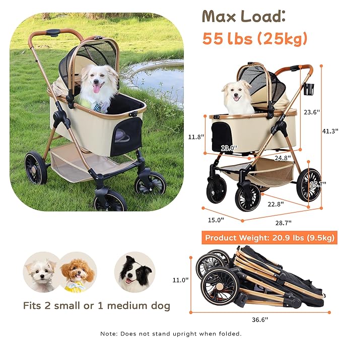 3-in-1 Pet Stroller for Small Dogs & Cats up to 33lbs, One-Touch Fold 4-Wheel Cart with Removable Carrier, Rear Brake & Storage Basket