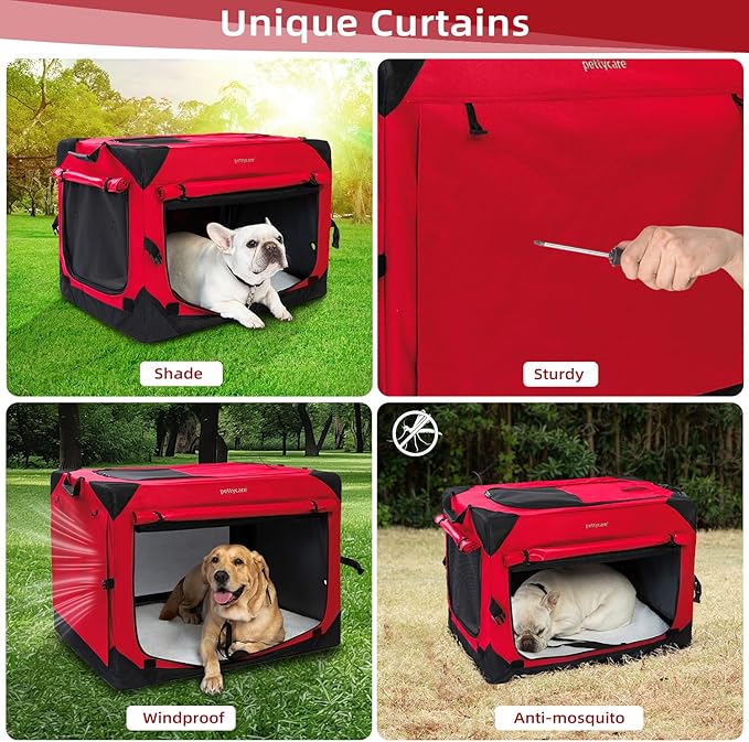 Pettycare 42 Inch Collapsible Dog Crate with Curtains Travel Dog Crate for Airflow and Calm Soft Pet Kennel with Portable Bag and More Chew Proof Mesh Indoor & Outdoor Red 4 Door Curtains