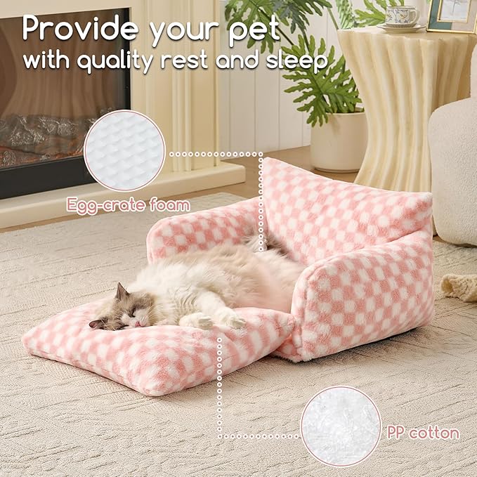 Hollypet Cat Bed Fluffy Plush Mutifuctional Double-Layer Soft Pet Couch Orthopedic Sofa Nest Beds for Small Cats and Dogs, Pink and White (25x20x13 inch)