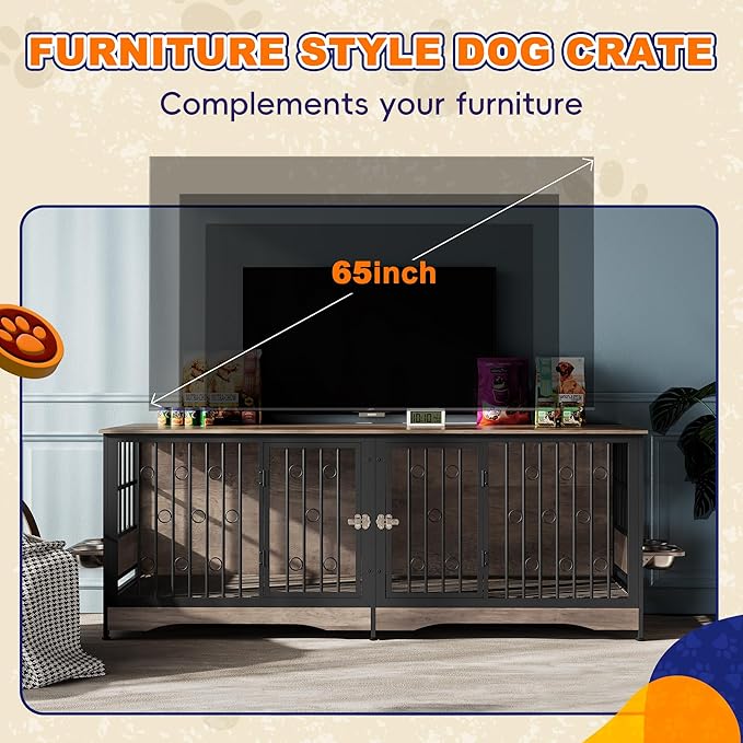 75'' Dog Crate Furniture Large Storage TV Stand with Dual Cushion / 4 Bowls/Double Rooms, Wooden Dog Kennel Dog Crate End Table with Removable Divider for Large Medium Dogs, Greige