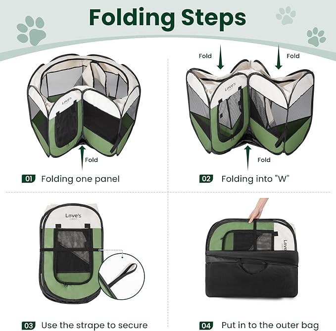 Love's cabin Pet Puppy Dog Playpen, Small Dog Tent Crates Cage Indoor/Outdoor, Portable Playpen for Cat, Foldable Pop Up Dog Kennel Playpen with Carring Case, Removable Zipper Top, Olive Green
