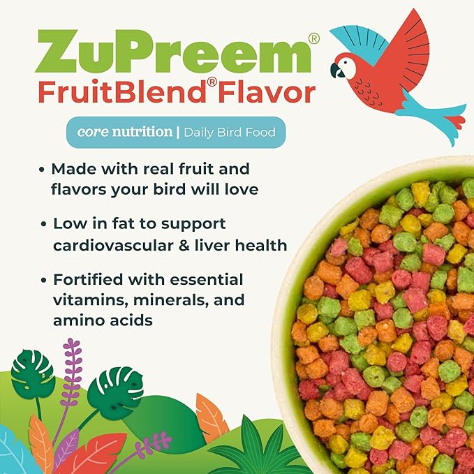 ZuPreem FruitBlend Bird Pellets, Daily Bird Food for Parakeet, Budgie, Parrotlet, Dove, Core Nutrition for Small Birds, Made in USA, Parakeet & Budgie Food (S, 2 lbs)