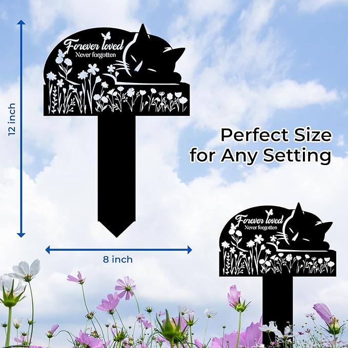 Cat Grave Marker Outdoor Memorial – 12in Metal Pet Memorial Plaque with Garden Sleeping Cat, Weatherproof Headstone for Yard or Indoor Tribute, Sympathy Gift for Loss of Cat