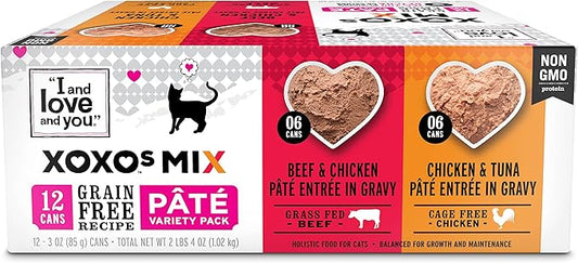 I AND LOVE AND YOU XOXOs Wet Cat Food - Chicken + Beef Pâté Variety Pack - Grain Free, Filler Free, 3oz Pack of 12 Cans