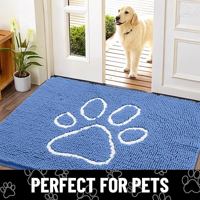 Smiry Dog Door Mat for Muddy Paws, Absorbent Dirt Trapper Non Slip Quick Dry Washable Chenille Mat for Mud Dogs, Entry Rug for Indoor and Outdoor (48x30 Inches, Cornflower Blue)