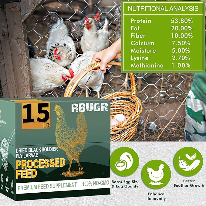 Chicken Feed, 15lb Dried Black Soldier Fly Larvae Pellets for Chickens, Processed Chicken Food for Laying Hens, Chickens Layer Feed, Organic Bird Food with More Protein&Calcium Than Mealworms