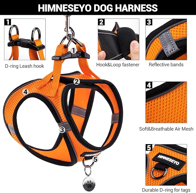 Dog Harness and Leash Set, Dog Harness for Dogs No Pull, No-Chock Step-in Reflective Breathable Lightweight Easy Walk Vest Harnesses with Safety Buckle for Small Medium Dogs, Cats (Orange, L)