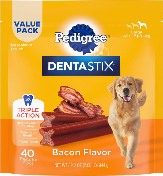 Pedigree Dentastix Large Breed Dog Treats, Bacon Flavor, 2.08 lb. Bag (40 Treats)