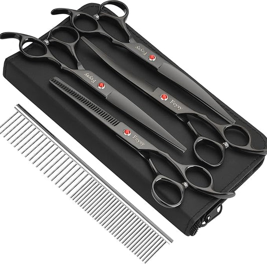Dog Grooming Scissors Kit, Fcysy Professional Pet Hair Cutting Shears Set with Curved & Straight Blades Scissors Thinning Shears– Stainless Steel Grooming Tools for Dogs & Cats at Home