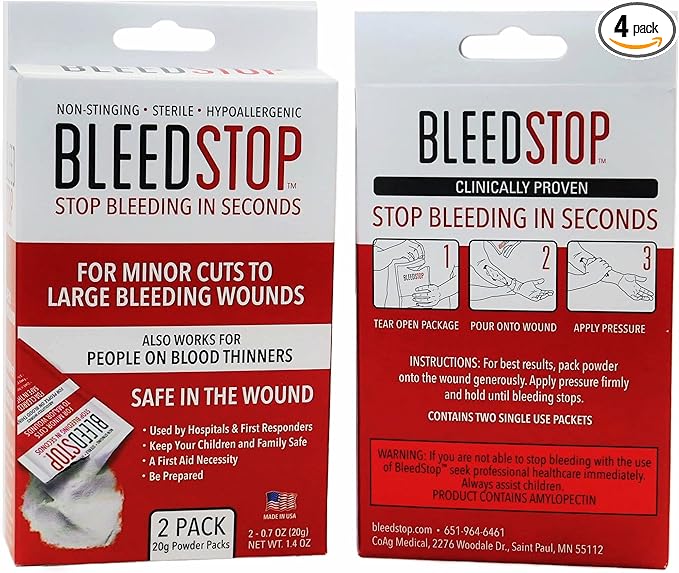 BleedStop™ First Aid Powder for Blood Clotting, Trauma Kit, Blood Thinner Patients, Camping Safety, and Survival Equipment for Moderate to Severe Bleeding Wounds or Nosebleeds - 4 (20g) Pouches