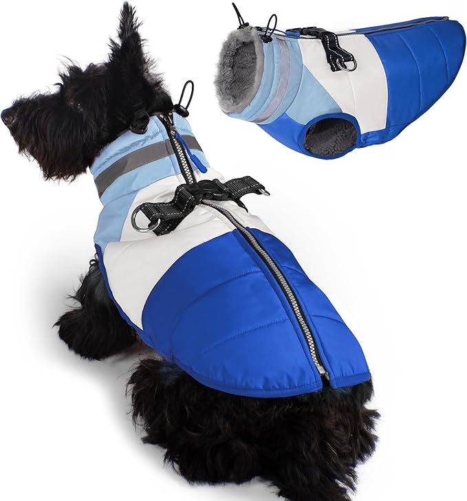 azuza Dog Jacket Waterproof Winter Coat for Small Dogs, Warm Fleece Vest with Reflective Strips & Built-in Harness, Windproof Back Zipper, Blue S