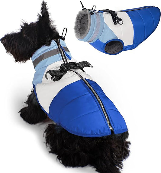 azuza Dog Jacket Waterproof Winter Coat for Small Dogs, Warm Fleece Vest with Reflective Strips & Built-in Harness, Windproof Back Zipper, Blue S