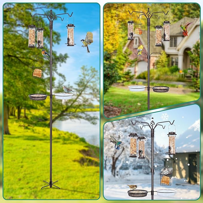Bird Feeding Station Kit, 94 Inch Bird Feeder Pole Stand for Outdoors Hanging with 4 Feeders, Metal Suet and Bath Tray for Wild Birds Watching