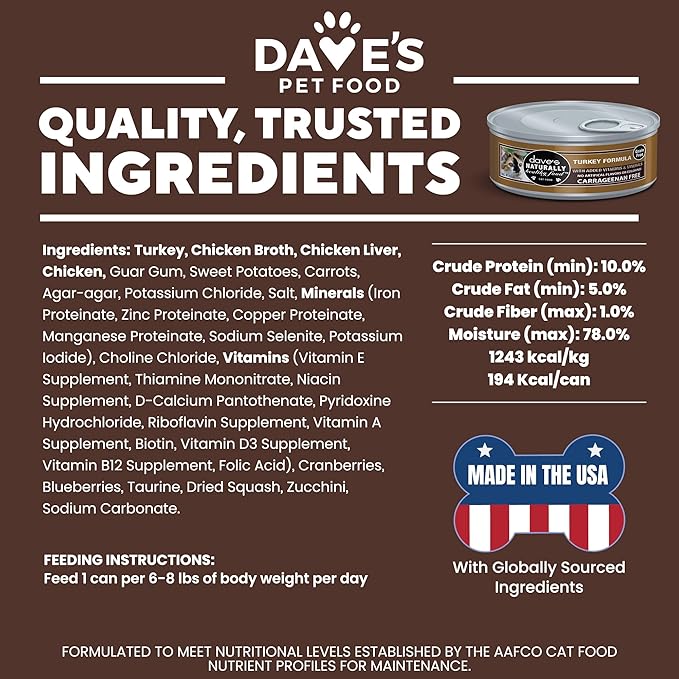 Dave's Pet Food Grain Free Wet Cat Food Pate (Turkey), Made in USA Naturally Healthy Canned, Added Vitamins & Minerals, Carrageenan-Free, 5.5 oz Cans (24 Pack)