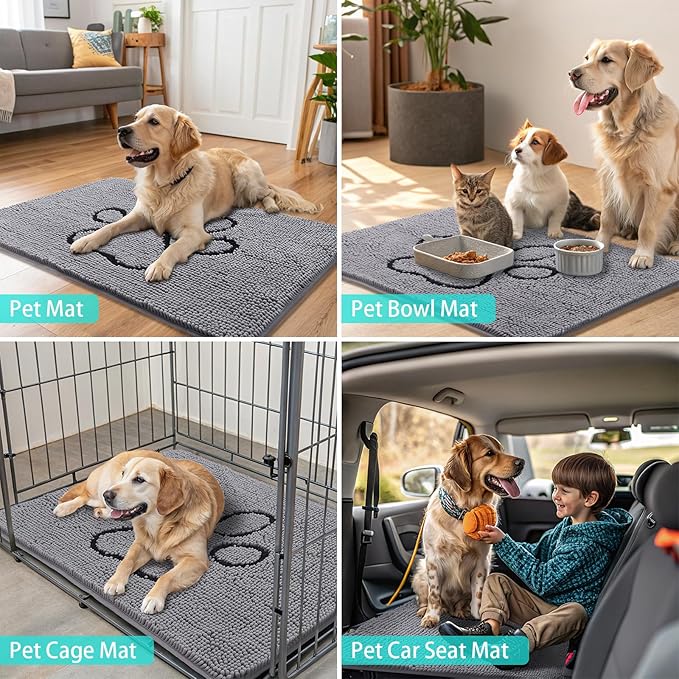 Smiry Dog Door Mat for Muddy Paws, Absorbent Dirt Trapper Non Slip Quick Dry Washable Chenille Mat for Mud Dogs, Entry Rug for Indoor and Outdoor (59x35 Inches, Grey)