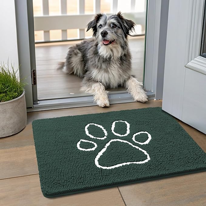 Smiry Dog Door Mat for Muddy Paws, Absorbent Dirt Trapper Non Slip Quick Dry Washable Chenille Mat for Mud Dogs, Entry Rug for Indoor and Outdoor (24x16 Inches, Green)
