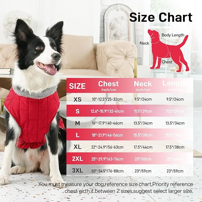Warm Fleece Dog Coats with Durable Harness Buitl in D-Ring,Waterproof Doggie Jacket for Medium Dogs,Dog Vest for Cold Winter,Red XL