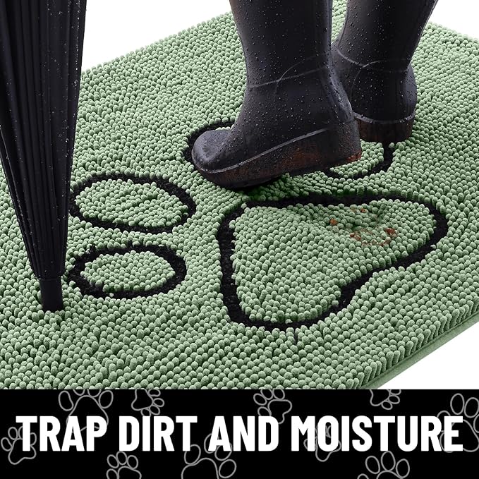 Smiry Dog Door Mat for Muddy Paws, Absorbent Dirt Trapper Non Slip Quick Dry Washable Chenille Mat for Mud Dogs, Entry Rug for Indoor and Outdoor (48x30 Inches, Olive Green and Black)