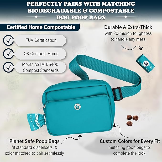 Puppington 3-in-1 Crossbody Dog Walking Bag & Treat Pouch with Matching Planet Safe Poop Bags & Built-In Dispenser - Dog Mom Gift for Puppy Training with Zippered Pockets (Lagoon Teal)