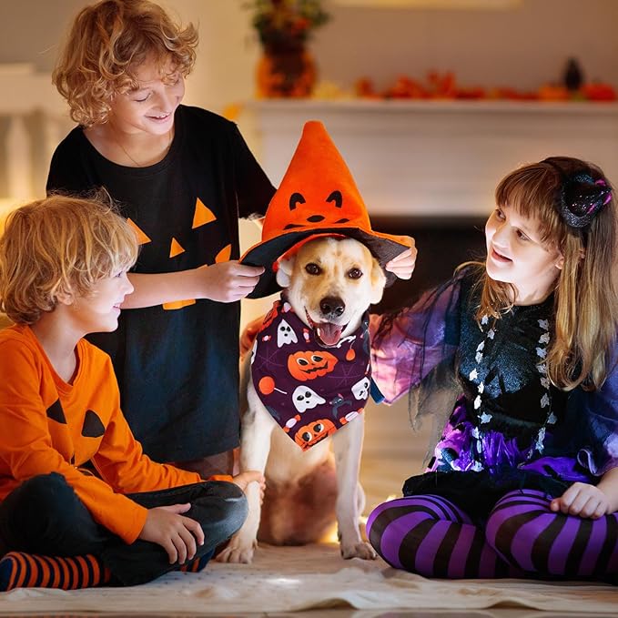 Kigeli 100 Pack Halloween Dog Bandanas Adjustable Triangle Bibs Scarf Ghost Halloween Pumpkin Spider Web Pet Bandanas Costumes Holiday Accessories for Large Medium Small Dog Puppy Cat(Small)