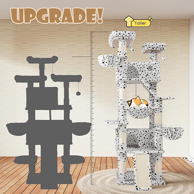 SHA CERLIN 81in Multi-Level Tall Cat Tree Tower for Indoor Kitties/Larger Cat Condo Furniture with Hammock/Cozy Pussycat Perches/Sisal Scratching Posts/Pet House/Wide Base/White & Black Spot