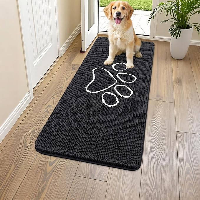 Smiry Dog Door Mat for Muddy Paws, Absorbent Dirt Trapper Non Slip Quick Dry Washable Chenille Mat for Mud Dogs, Entry Rug for Indoor and Outdoor (47x24 Inches, Black)