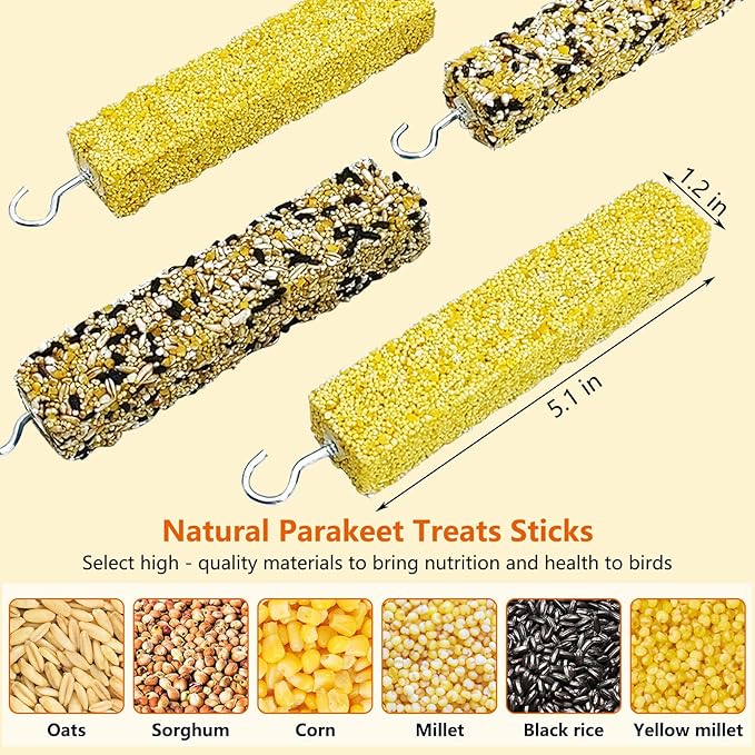 Fhiny 4 PCS Parakeet Treats Natural Cockatiel Food Grain & Millet Flavored Parrot Snack Sticks Bird Treats for Budgerigars Lovebirds Canaries Conurus Finches