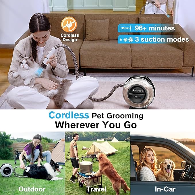 Cordless Dog Grooming Vacuum, Pet Grooming Kit with Clippers Nail Grinder 5 Pet Grooming Tools,2.2L Dust Cup,Low Noise,Dog Vacuum for Shedding Grooming for Home Outdoor Car