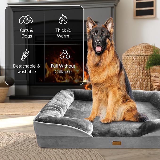 Orthopedic Dog Bed with Sides - Dog Sofa Beds for Extra Large Dogs, Supportive Foam Pet Couch Bed with Washable Removable Cover, Waterproof Lining and Non-Slip Bottom, Grey - XXL