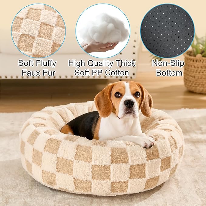 Dog Calming Beds for Small Medium Large Dogs - Round Donut Washable Puppy Dog Bed, Anti-Slip Faux Fur Fluffy Donut Cuddle Anxiety Cat Pet Bed (28" Grid)