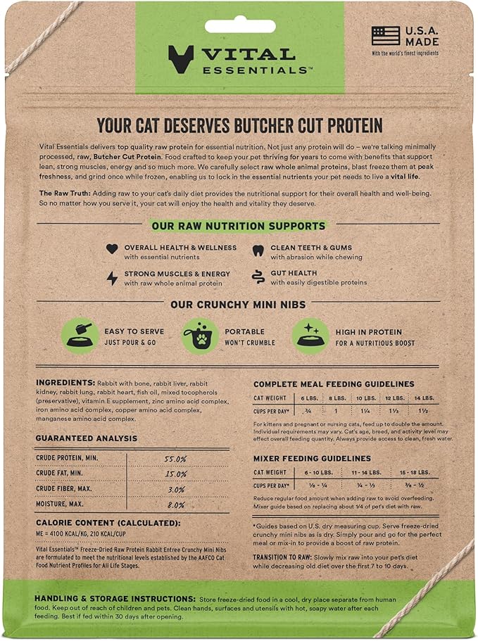 Vital Essentials Freeze-Dried Raw Rabbit Meal or Mixer Cat Food Crunchy Nibs, 8 oz