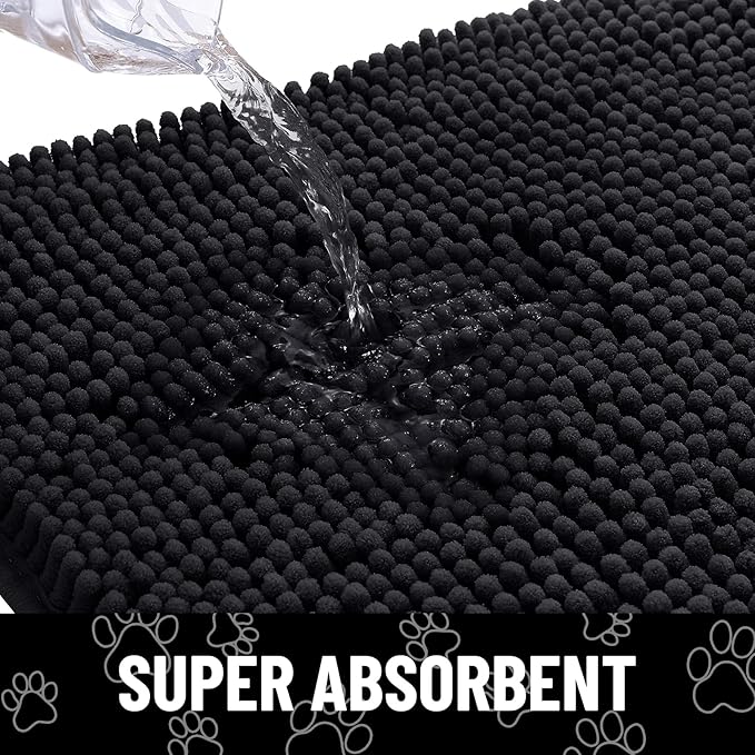 Smiry Dog Door Mat for Muddy Paws, Absorbent Dirt Trapper Non Slip Quick Dry Washable Chenille Mat for Mud Dogs, Entry Rug for Indoor and Outdoor (47x24 Inches, Black)