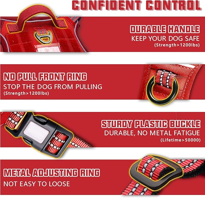 AUROTH Tactical Dog Harness for Large Dogs No Pull Adjustable Pet Harness Reflective K9 Working Training Easy Control Pet Vest Military Service Dog Harnesses Red XL