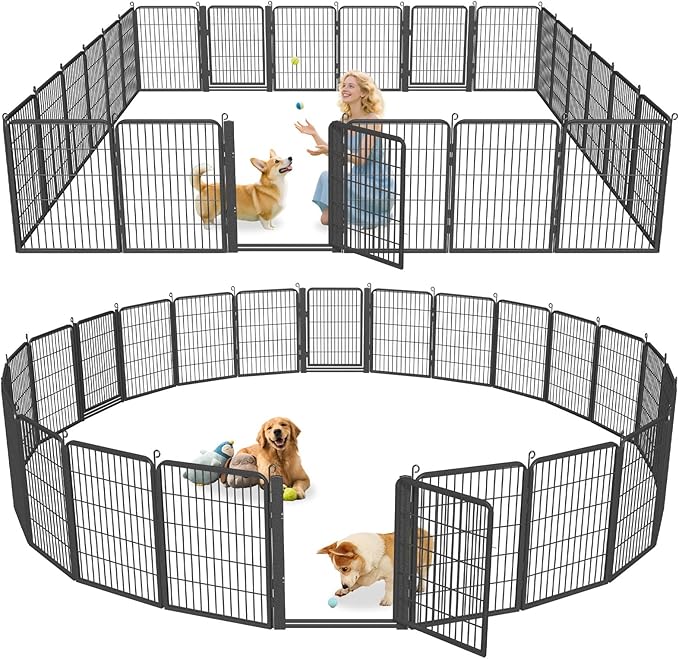 Dog Playpen with Low Threshold Gate, 32 inch 24 Panels Dog Fence, Heavy Duty Metal Puppy Exercise Dog Pen, Rust-Resistant Outdoor Pet Fence for Yard RV Camping