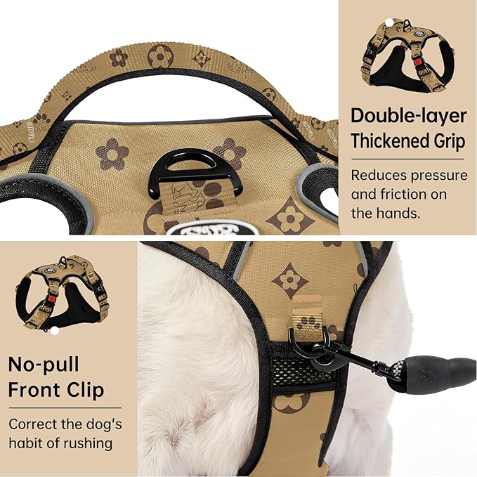 IVY&LANE No Pull Dog Harness with Leash Set, Reflective No Choke Pet Vest,Adjustable Oxford Dog Vest Harness with Easy Control Handle for Large Dogs (Light Brown,L)