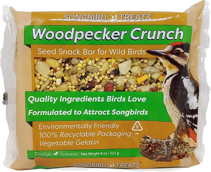 Songbird Treats Seed Bars | 12 Pack of 8 oz Bird Seed Cakes for Wild Birds (Woodpecker Crunch)