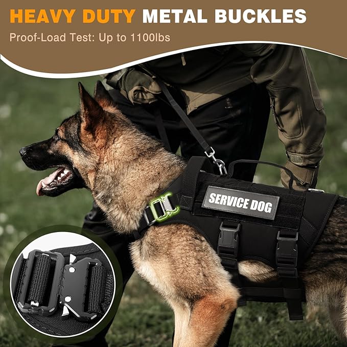 WINSEE Service Dog Vest Harness for Large Dog, Tactical Working MOLLE Vest with 10 Pet Patches, No Pull Heavy Duty Harness for Training Walking