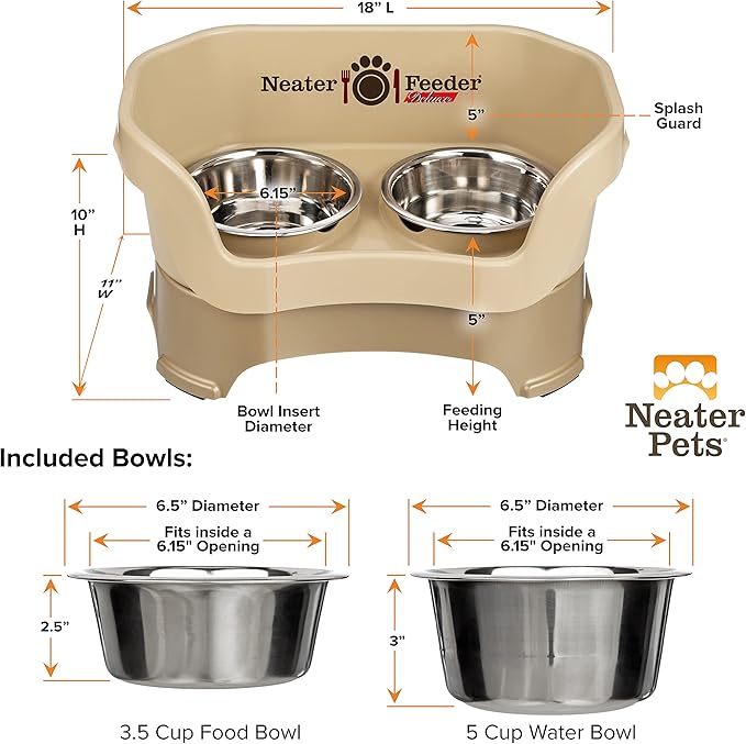 Neater Pet Brands Neater Feeder Deluxe Mess Proof Dog Bowls Elevated for Medium Dogs 19-40 lbs, Made in USA, No Spill Raised Dog Food Bowl Stand Feeding Station, Food and Water Bowl Set, Cappuccino