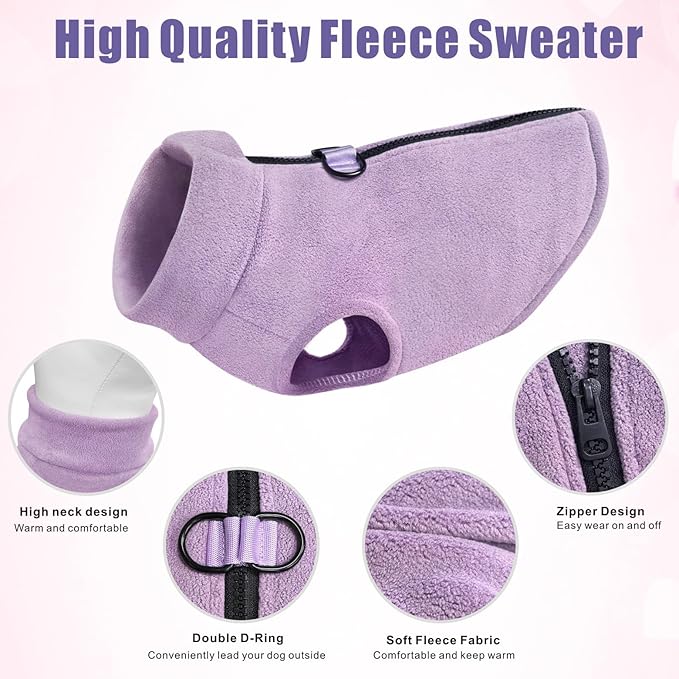 Idepet Dog Fleece Vest Sweater Zip Up Warm Pullover Dogs Jacket with D-Ring Leash Winter Cold Weater Coat Pet Sweatershirt Clothes Hoodie for Small Medium Dogs Boy Girl (Purple, S)