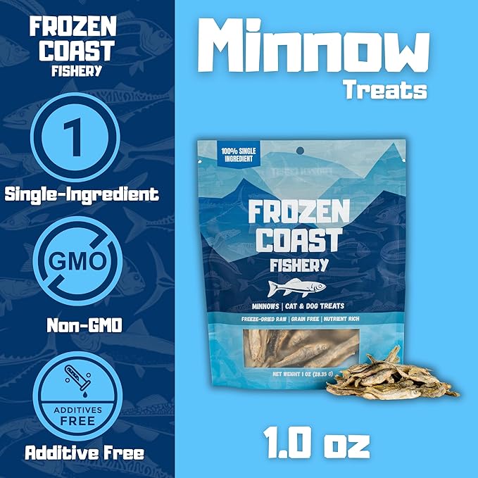 Frozen Coast Freeze-Dried Minnows Dog and Cat Treats -Single-Ingredient, All-Natural Fish, Grain-Free, High Protein Pet Treats, Sourced in The USA - 1 oz-Bag