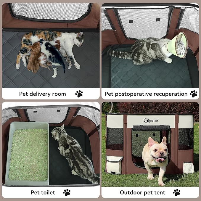 Dog Cat Playpen, Pet Puppy Portable Playpens for Outdoor Travel Crate, Indoor After Surgery Use, Foldable Dog Kennel Tent for Rabbit or Small Animals and Tent Stakes(Brown, Small)