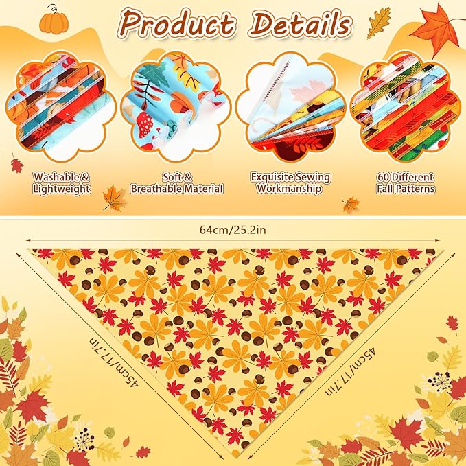 60 Pcs Fall Thanksgiving Dog Bandanas Bulk Adjustable Dog Scarves Pumpkin Turkey Puppy Bandanas Autumn Pet Neckerchief Washable Holiday Bandana for Small Medium Large Dog Pet Grooming Accessories