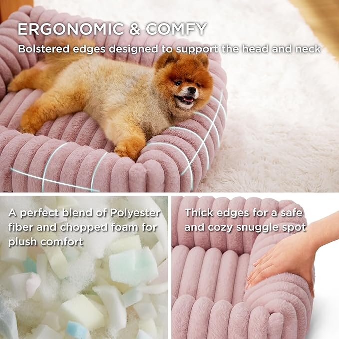 Bedsure Cute Dog Bed for Small Medium Dogs - Washable Furry Puppy Beds, Rectangle Orthopedic Corduroy Fleece Pet Beds with Removable Zipper Cover, 25x21x7inches, Blush Pink