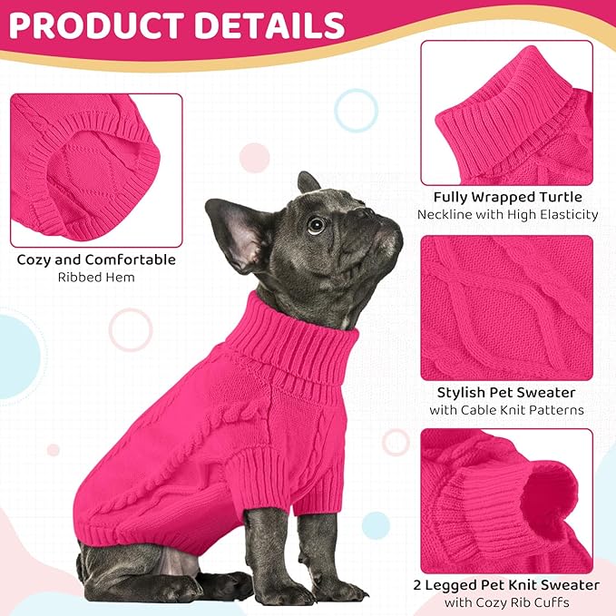 Queenmore Small Dog Pullover Sweater, Cold Weather Cable Knitwear, Classic Turtleneck Thick Warm Clothes for Chihuahua, Bulldog, Dachshund, Pug (Fuchsia, Medium)