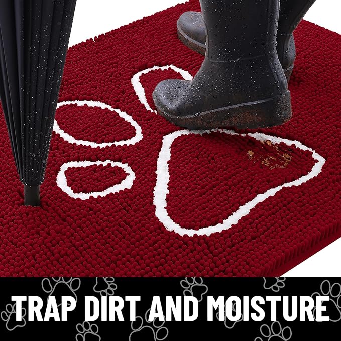 Smiry Dog Door Mat for Muddy Paws, Absorbent Dirt Trapper Non Slip Quick Dry Washable Chenille Mat for Mud Dogs, Entry Rug for Indoor and Outdoor (48x30 Inches, Red)
