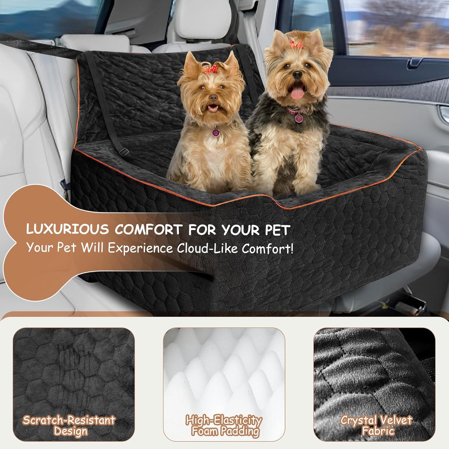Dog Booster Seat for Larger & Medium Dogs – Comfortable Dog Car Bed with Washable Cover and Storage Pockets for Pets Up to 60lbs (Black)