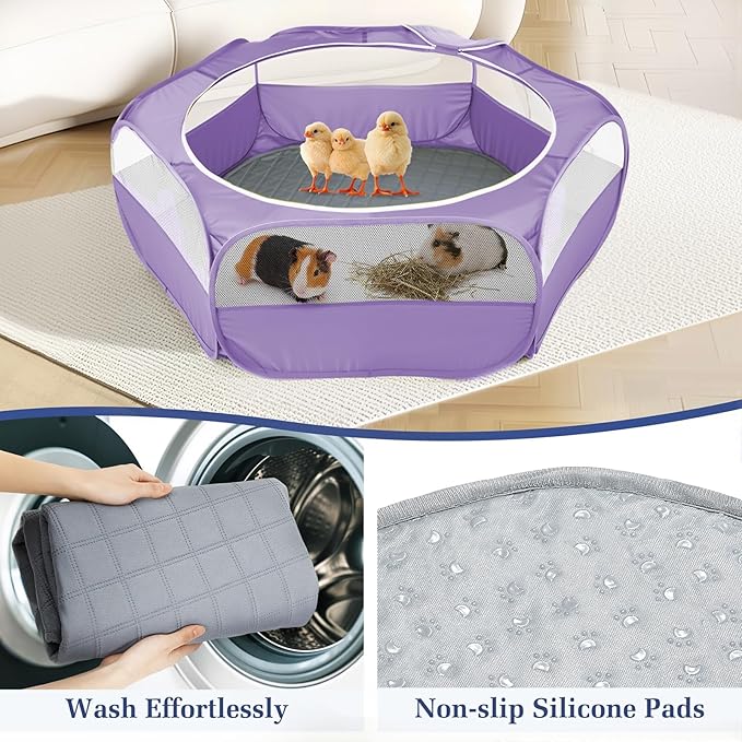 2-in-1 Small Animals Playpen with Pad, Waterproof Small Pet Cage Tent with Reusable Pad, Portable Outdoor Yard Fence with 3 Metal Rod for Chick/Kitten/Puppy/Guinea Pig/Rabbits/Chinchillas, Purple