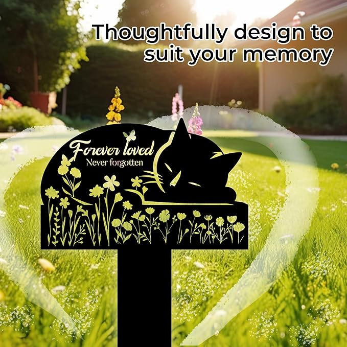 Cat Grave Marker Outdoor Memorial – 12in Metal Pet Memorial Plaque with Garden Sleeping Cat, Weatherproof Headstone for Yard or Indoor Tribute, Sympathy Gift for Loss of Cat