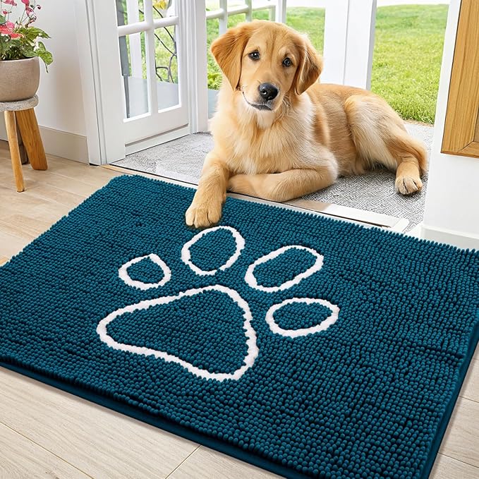 Smiry Dog Door Mat for Muddy Paws, Absorbent Dirt Trapper Non Slip Quick Dry Washable Chenille Mat for Mud Dogs, Entry Rug for Indoor and Outdoor (36x24 Inches, Atlantic Blue)